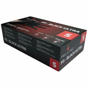 Черни нитрилни ръкавици PELATEC P3 BLACK ULTRA – Ултра здрави и устойчиви Кратко описание: Професионални нитрилни ръкавици PELATEC P3 BLACK ULTRA без пудра, създадени за максимална защита, изключителна здравина и отлична чувствителност при работа. Идеални за автомобилния сектор, автотенекеджийски и бояджийски услуги, детайлинг, индустрията и сервизната дейност. Основно описание: Нитрилните ръкавици PELATEC P3 BLACK ULTRA са проектирани за професионалисти, които изискват най-високо ниво на надеждност, химическа устойчивост и комфорт по време на продължителна работа. Изработени от висококачествен нитрил с повишена дебелина и еластичност, те осигуряват превъзходна предпазна бариера срещу разтворители, масла, грес, горива, лакове и агресивни химикали. Благодарение на специалната си текстурирана повърхност, ръкавиците PELATEC P3 гарантират сигурен и стабилен хват както при сухи, така и при мокри или омаслени повърхности. Черният цвят придават стилен, професионален вид и ефективно прикрива замърсявания, петна от боя и масла по време на работния процес. Ръкавиците са без съдържание на пудра и латекс, което ги прави напълно безопасни за хора, склонни към алергии, и предотвратява замърсяването на боядисваните или детайлирани детайли.